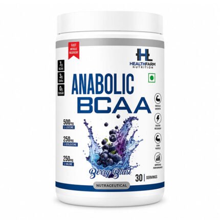 Anabolic BCAA amino acid supplement in a white plastic container with a white lid, featuring a blue and purple berry-themed label