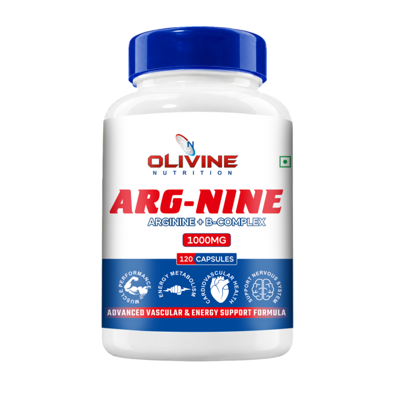 Olivine Arg-Nine L-Arginine supplement bottle front view showing label