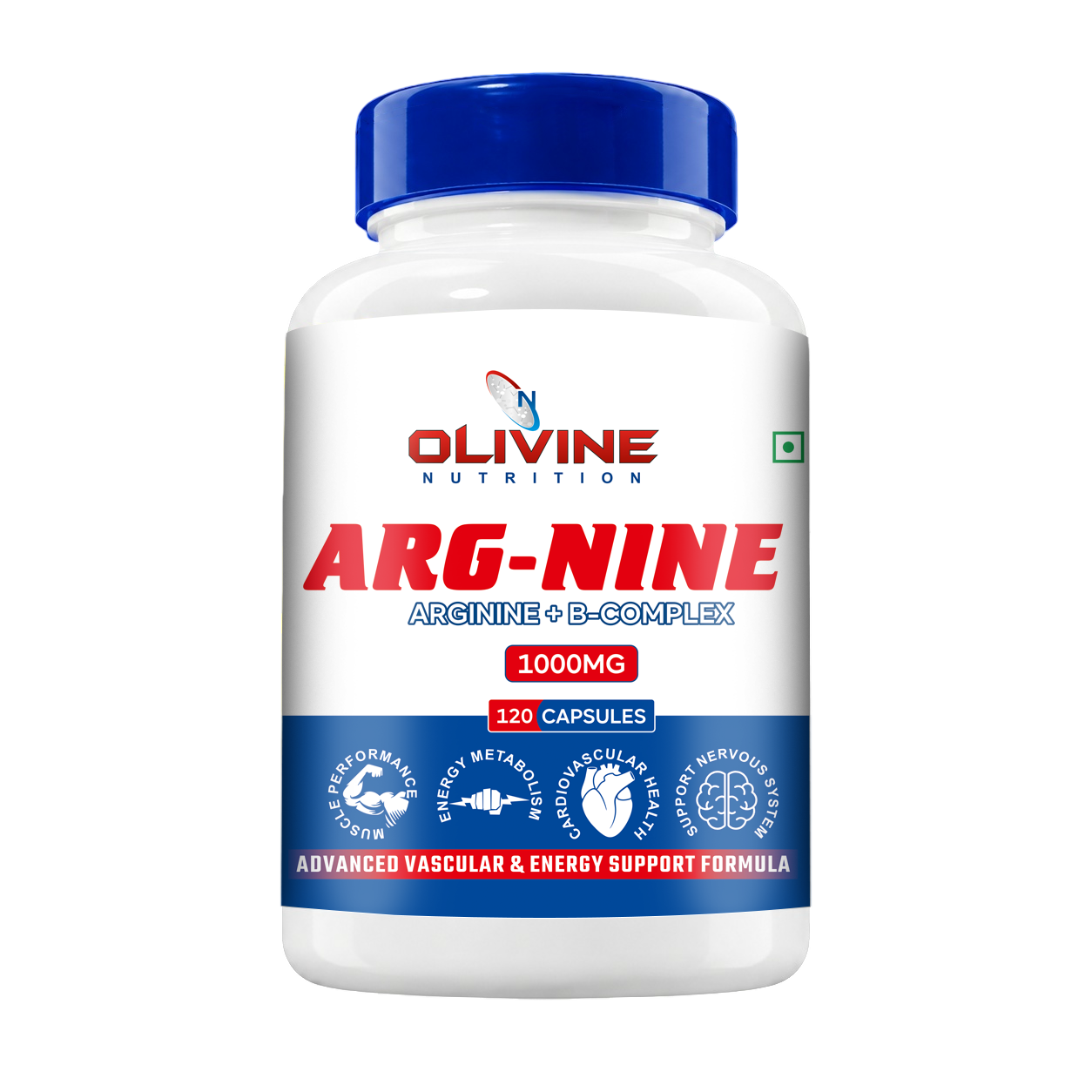 Olivine Arg-Nine L-Arginine supplement bottle front view showing label