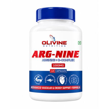 Olivine Nutrition Arg-Nine Arginine B-Complex 1000mg 120 capsules supplement bottle on white background.