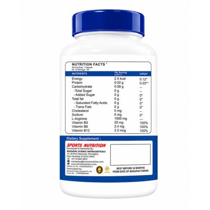 Olivine Nutrition Arg-Nine Arginine B-Complex 1000mg 120 capsules supplement bottle, back label with nutrition facts