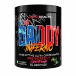 Big Beast Daddy Pre-Workout Supplement Powder in a black container with a colorful label, designed to support energy, focus, endurance, and workout performance. 50 servings.