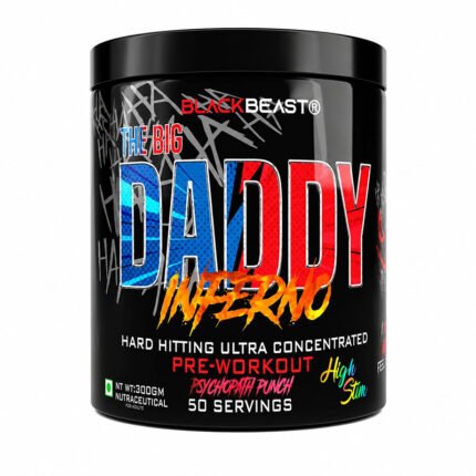 Big Beast Daddy Pre-Workout Supplement Powder in a black container with a colorful label, designed to support energy, focus, endurance, and workout performance. 50 servings.