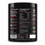 Back view of the Big Beast Daddy Pre-Workout Supplement container showing the Supplement Facts panel, ingredients, directions for use, warnings, barcode, and product information on a black jar with 50 servings.