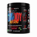 Big Beast Daddy Pre-Workout Supplement container shown from an angled side view, featuring a black jar with a colorful label formulated to support energy, focus, endurance, and workout performance. 50 servings.
