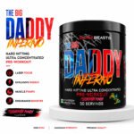 Promotional banner for Big Beast Daddy Pre-Workout Supplement featuring the black 50-serving container with key benefits including enhanced focus, increased energy, improved endurance, and muscle pump