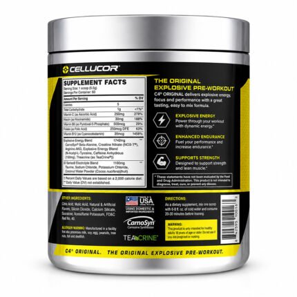 Cellucor C4 Original pre-workout supplement container showing Supplement Facts, ingredient list, usage directions, warnings, nutrition information, and manufacturer details