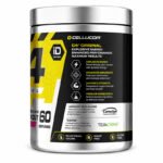 "Side view of Cellucor C4 Original pre-workout supplement container displaying product benefits, key features, performance claims, and branding on a black, yellow, and white label."