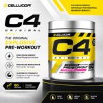 "Cellucor C4 Original explosive pre-workout supplement container in Fruit Punch flavor, highlighting explosive energy, endurance, focus, 60 servings, and premium performance formula with bold black, yellow, and white packaging."