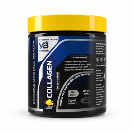Collagen Peptides supplement jar in a black container with a yellow lid, shown from an angled side view on a white background, featuring collagen benefits, 30 servings, and pineapple flavour.