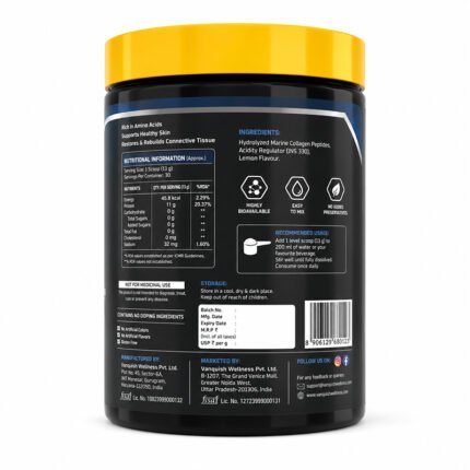 Collagen Peptides supplement jar showing the Supplement Facts, ingredients, directions for use, storage instructions, barcode, and product information on a black container with a yellow lid