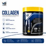 Collagen Peptides featuring the black supplement jar with a yellow lid and key benefits including skin hydration, bone & joint support, hair & nail health, and muscle performance