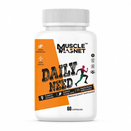 Muscle Magnet Daily Need multivitamin supplement bottle with a white container and orange label, designed to support daily nutrition, energy, immunity, and overall wellness. 60 capsules.