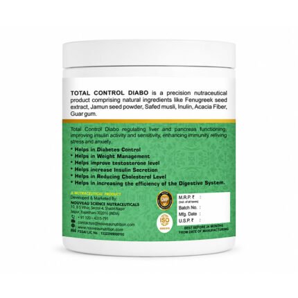 Olivine Nutrition Total Control Diabo supplement container showing product benefits, ingredients, usage information, and manufacturer details on a green and white label
