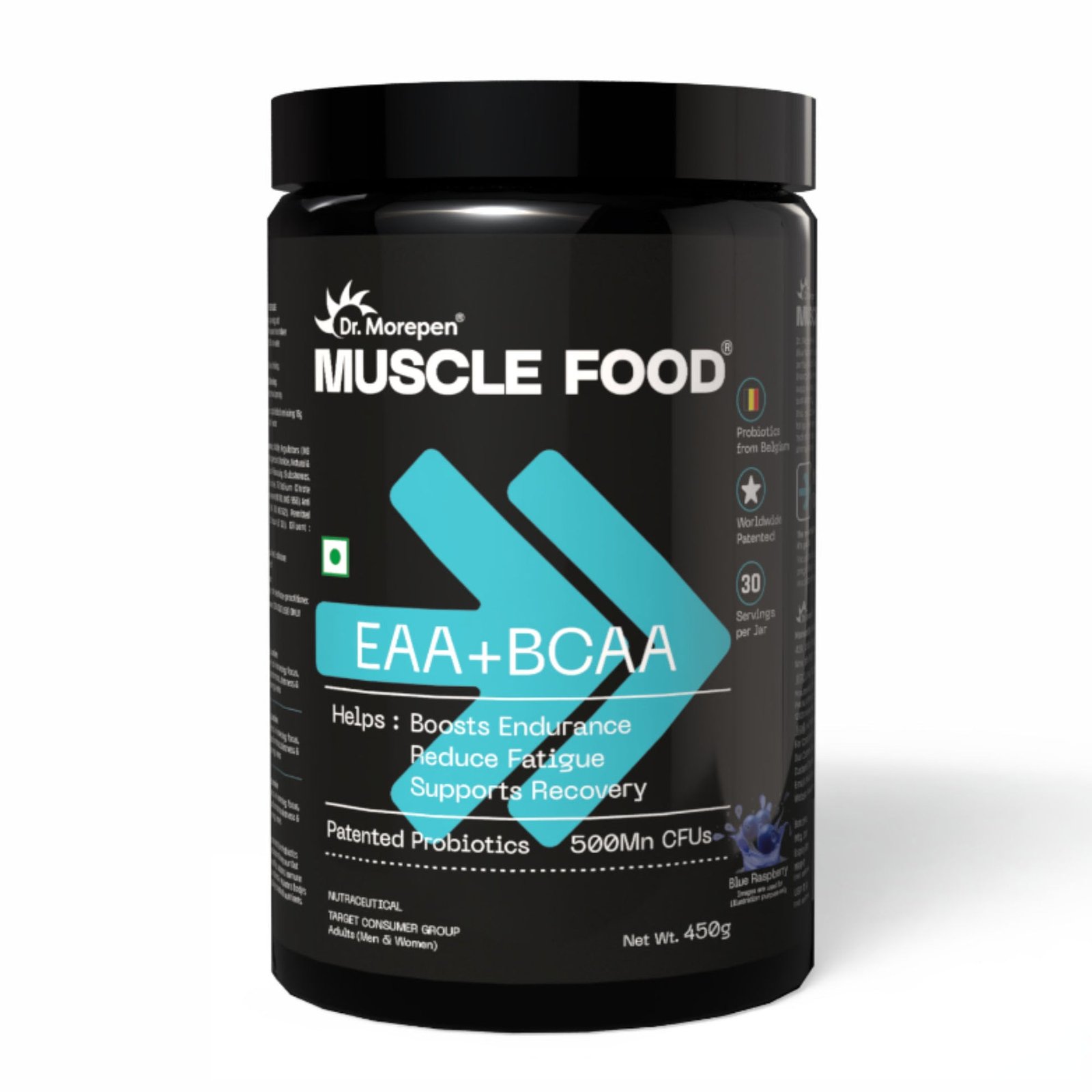 Dr. Morepen Muscle Food EAA+BCAA Blue Raspberry supplement bottle