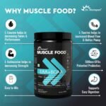 Dr. Morepen Muscle Food EAA+BCAA Blue Raspberry supplement showing L-Leucine and L-Taurine benefits for focus and blood flow