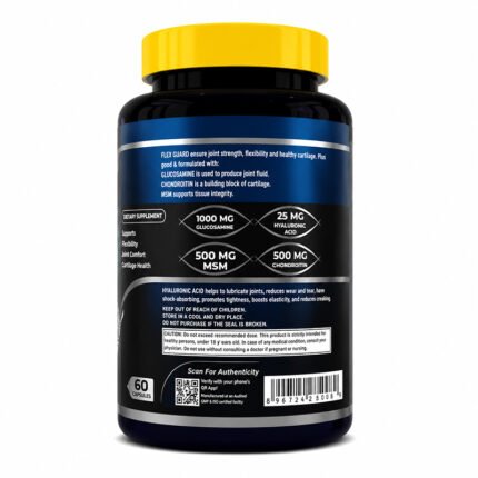 "Back view of Vitablish Flex Guard joint support supplement bottle displaying key ingredients, joint health benefits, usage directions, QR code, barcode, and 30-tablet packaging."