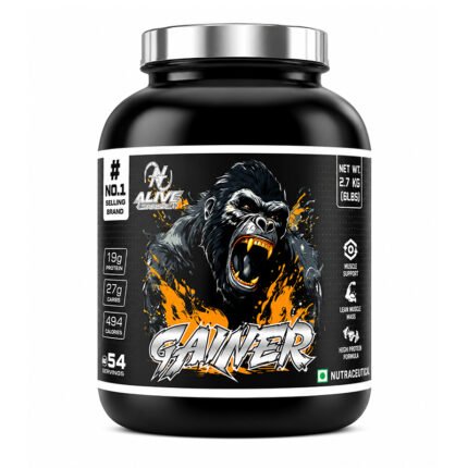 Black Gainer whey mass gainer supplement container with gorilla graphic on a white background, high-calorie protein powder for muscle mass and weight gain.