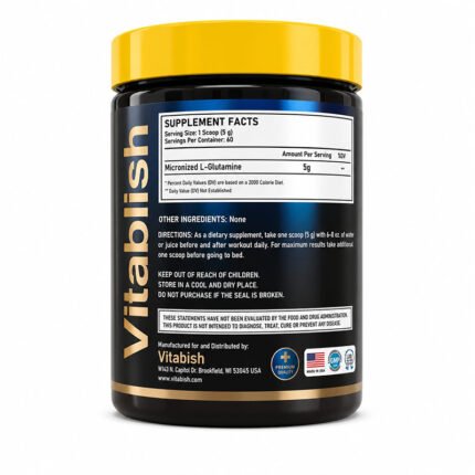Back of Glutamine supplement container with Supplement Facts and ingredients panel.