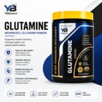 Glutamine supplement container with muscle recovery and gut health benefits.