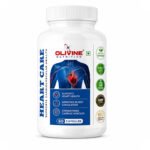 ide-angle view of Olivine Nutrition Heart Care dietary supplement bottle highlighting cardiovascular health benefits, quality certifications, and product features on a blue and white label