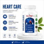 Promotional banner for Olivine Nutrition Heart Care dietary supplement featuring the product bottle, key cardiovascular health benefits, quality certifications, and natural ingredient highlights