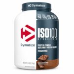 Dymatize ISO100 hydrolyzed whey protein isolate in a white plastic container with a black lid and chocolate flavor label