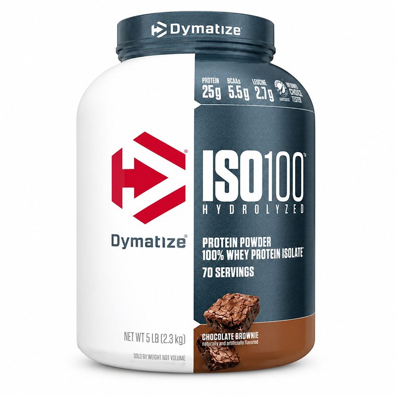 ISO1001 Dymatize ISO100 hydrolyzed whey protein isolate in a white plastic container with a black lid and chocolate flavor label