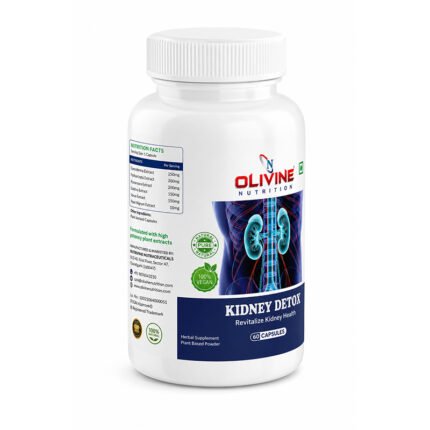 "Angled side view of Olivine Kidney Detox dietary supplement bottle featuring white packaging, blue kidney graphic, herbal ingredient icons, and product label on a white background."