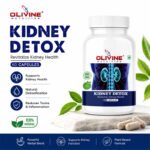 Promotional banner for Olivine Kidney Detox supplement featuring a bottle with blue kidney graphics, herbal ingredients, key benefits icons, green leaves, capsules, and kidney health support messaging