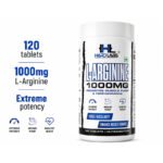 Hercules Nutrition L-Arginine 1000mg tablets, 120-count bottle for nitric oxide support, improved blood flow, endurance, and workout performance on a white background