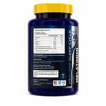 "Back side of VB Nutrition Melatonin dietary supplement bottle displaying the Supplement Facts panel, ingredients, serving information, and product details on a white background."