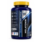 "Angled side view of VB Nutrition Melatonin dietary supplement bottle with dark blue packaging, yellow cap, sleep support label, and product information displayed on a white background."