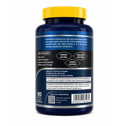 Back view of a multivitamin supplement bottle with a black container, yellow cap, and blue label displaying nutrition facts, ingredients, and product information on a white background.