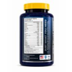 Side view of a multivitamin supplement bottle with a black container, yellow cap, and blue label showing the Supplement Facts panel and product information on a white background.