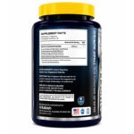 "Back view of Vitablish Muscle Enhancer dietary supplement bottle displaying the Supplement Facts panel, ingredient list, serving information, usage directions, manufacturer details, and quality certification badges."