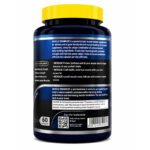 "Back label view of Vitablish Muscle Enhancer dietary supplement bottle highlighting muscle growth benefits, usage instructions, caution information, QR code, barcode, and 60-capsule packaging."
