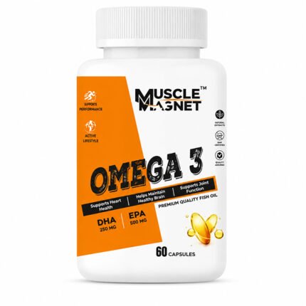 "Muscle Magnet Omega 3 fish oil supplement bottle with DHA and EPA, 60 capsules."