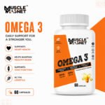 "Muscle Magnet Omega 3 fish oil supplement, 60 capsules, with key benefits including heart health, brain function, and active lifestyle support."