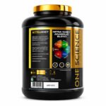"Nitra Whey protein powder container back view with anabolic blend chart and nutrition information."