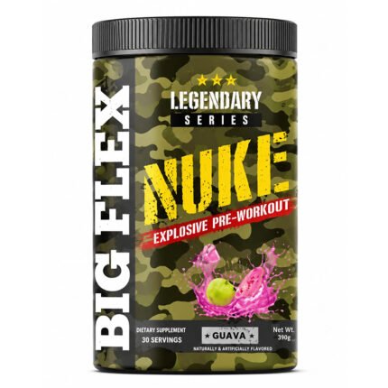 Legendary Series BIG FLEXX NUKE Extreme Pre-Workout Supplement (Guava Flavor) in a black container with vibrant label, designed to support energy, focus, endurance, and workout performance.