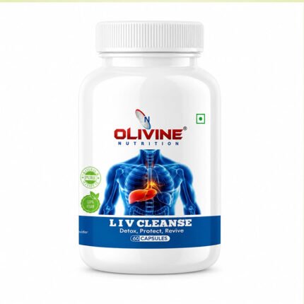 "Olivine Liv Cleanse Capsules supplement bottle with white packaging and blue berry