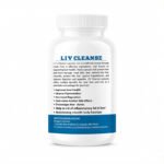 Side view of Olivine Liv Cleanse Capsules bottle displaying product benefits, usage instructions, and key features on the label against