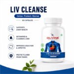 Promotional banner for Olivine Liv Cleanse Capsules featuring the supplement bottle with key benefits including liver health support, detoxification, improved digestion, and liver protection