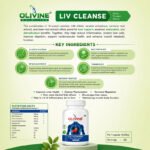 Olivine Liv Cleanse Capsules information banner highlighting key ingredients, nutritional facts, liver health benefits, and supplement bottle on a green