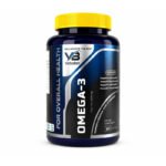 OMEGA-3 dietary supplement bottle with blue and black label on a white background, rich in Omega-3 fatty acids to support heart, brain, and joint health.