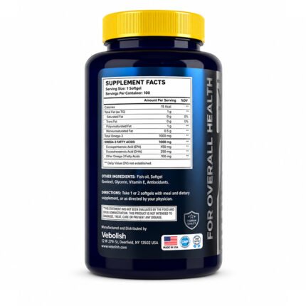 "Back view of Omega-3 fish oil supplement bottle showing Supplement Facts and product information"