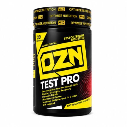 OZN Test Pro testosterone support supplement capsules in a black and yellow bottle