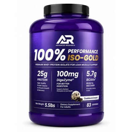 Applied Nutrition Performance ISO Gold Whey Protein powder in a purple container, high-protein isolate formula for muscle growth, recovery, and lean muscle support.