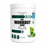 Davisco Foods Pre Workout Pump Extreme Energy supplement powder in a white container, formulated to enhance energy, focus, endurance, muscle pumps, and workout performance.